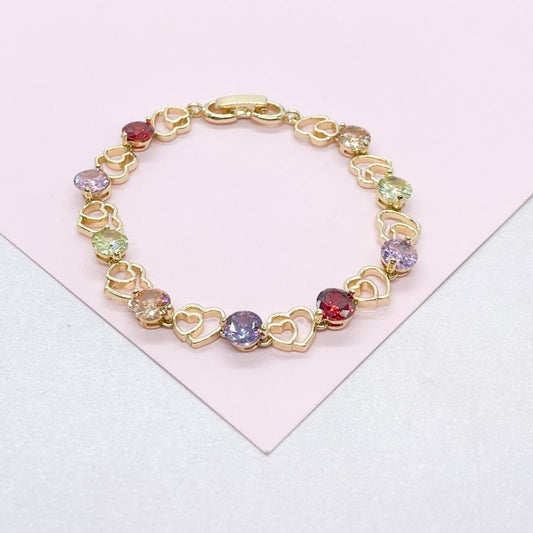 18k Gold Filled Heart Patterned Bracelet with Round Colorful CZ Stones