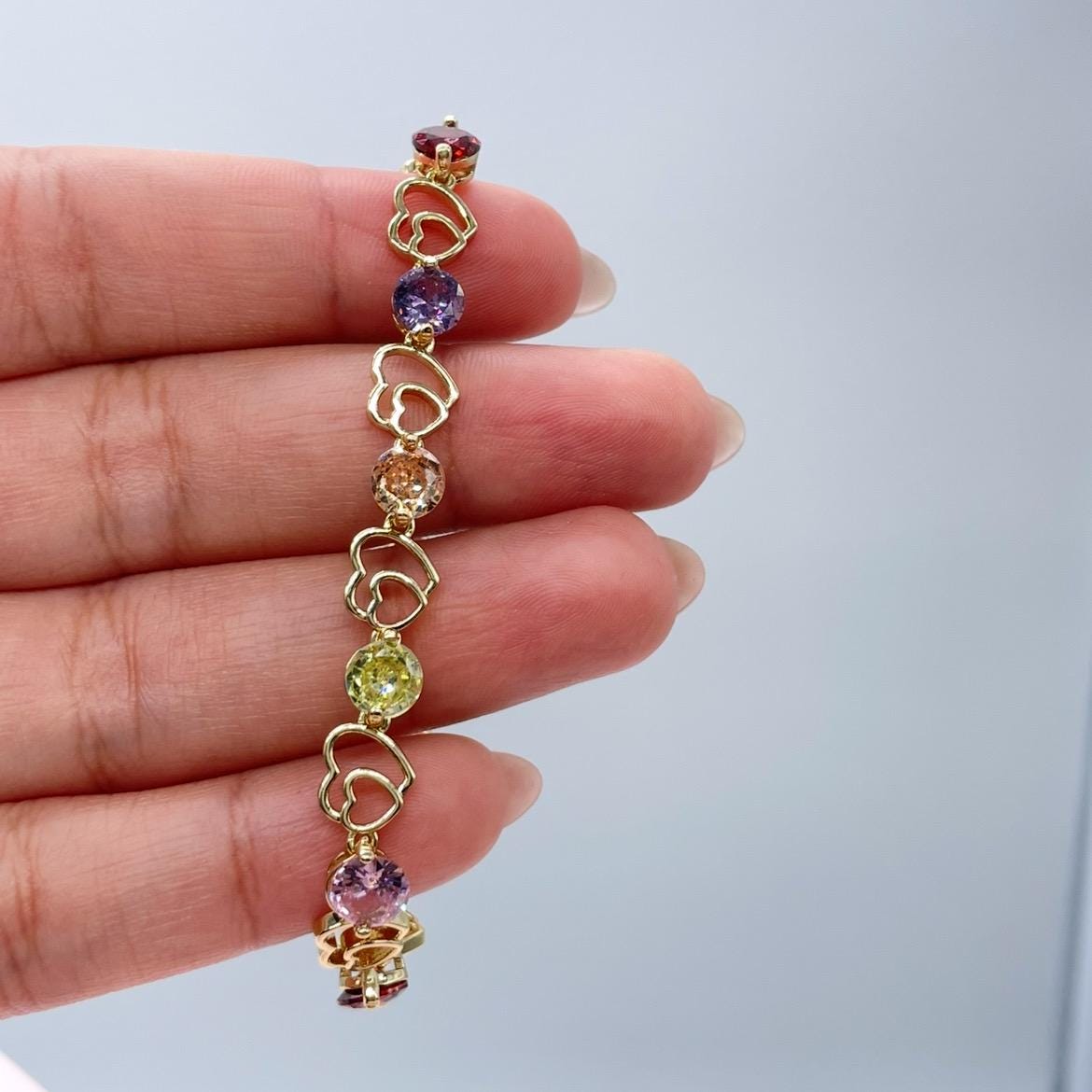 18k Gold Filled Heart Patterned Bracelet with Round Colorful CZ Stones