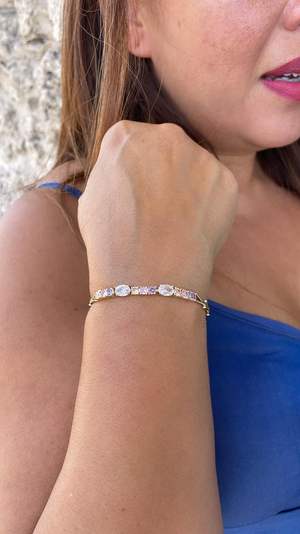 18k Gold Filled 4mm Spear Link Bracelet with Pastel and White CZ Stoned