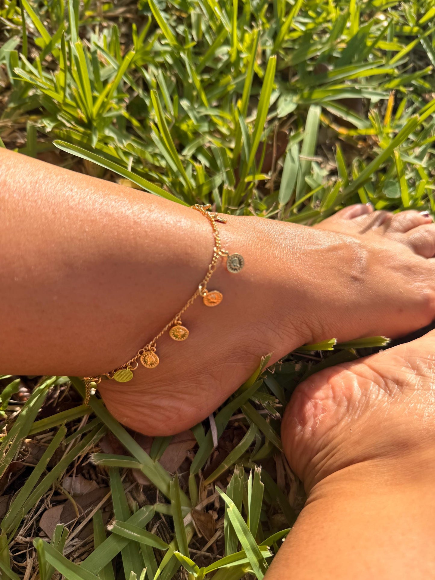 18k Gold Filled Charm Anklet featuring many Mini Medallion Charms, Coin Charm Ankle Bracelet