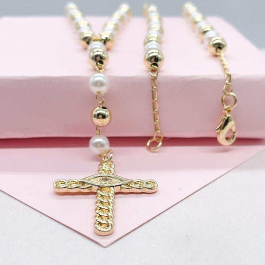 18k Gold Filled Long Pearl Beaded Rosary Chain with Pave Eye Cross