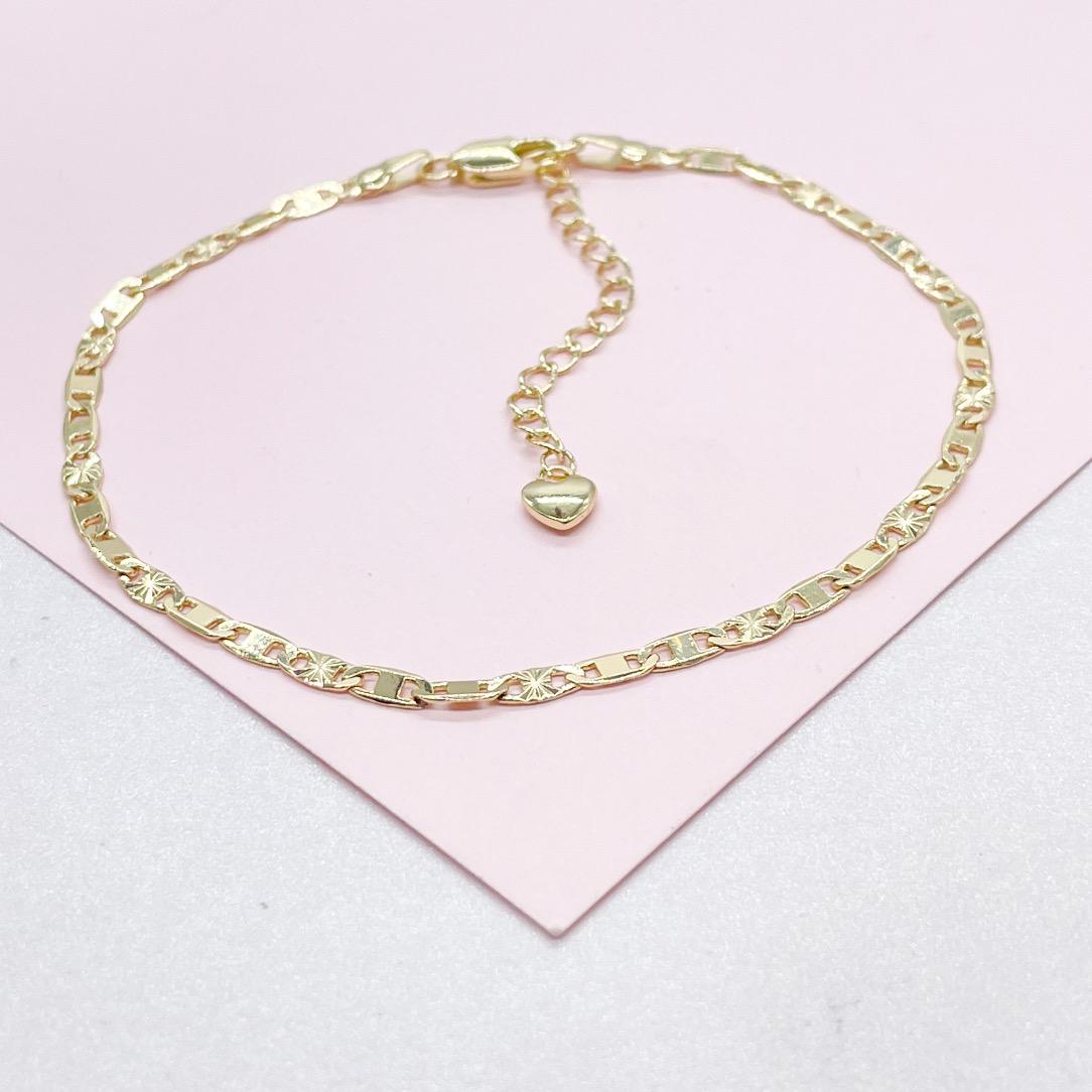 18k Gold Filled 3mm Mariner Link Anklet featuring Starburst Design