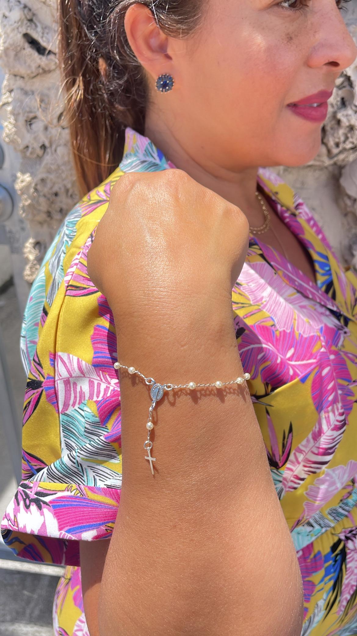 Dainty Silver Filled Beaded Pearl Satellite Rosary Bracelet with Virgin Mary and Crucifix Charm