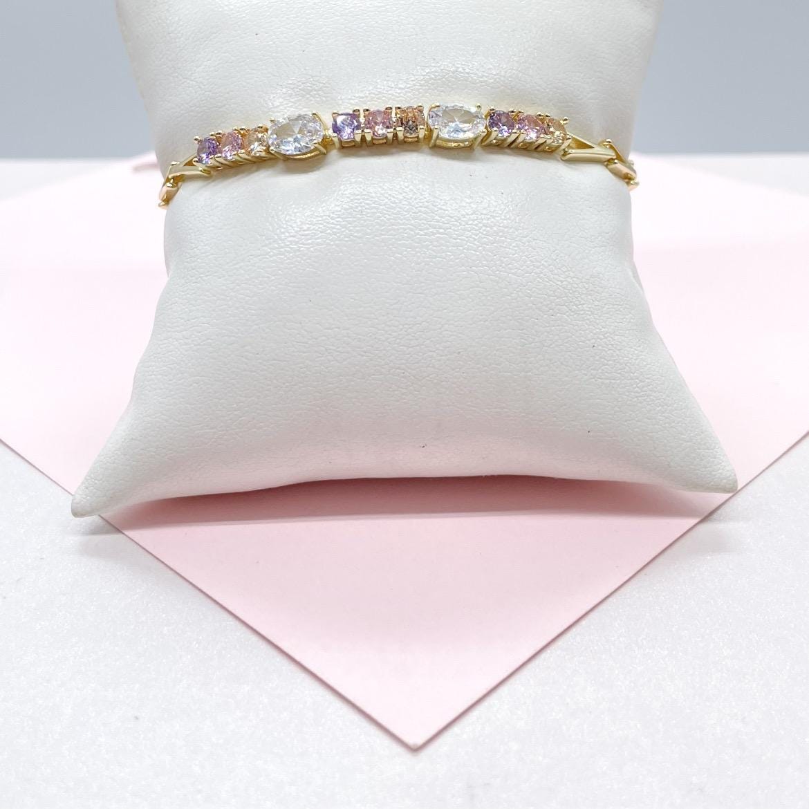 18k Gold Filled 4mm Spear Link Bracelet with Pastel and White CZ Stoned