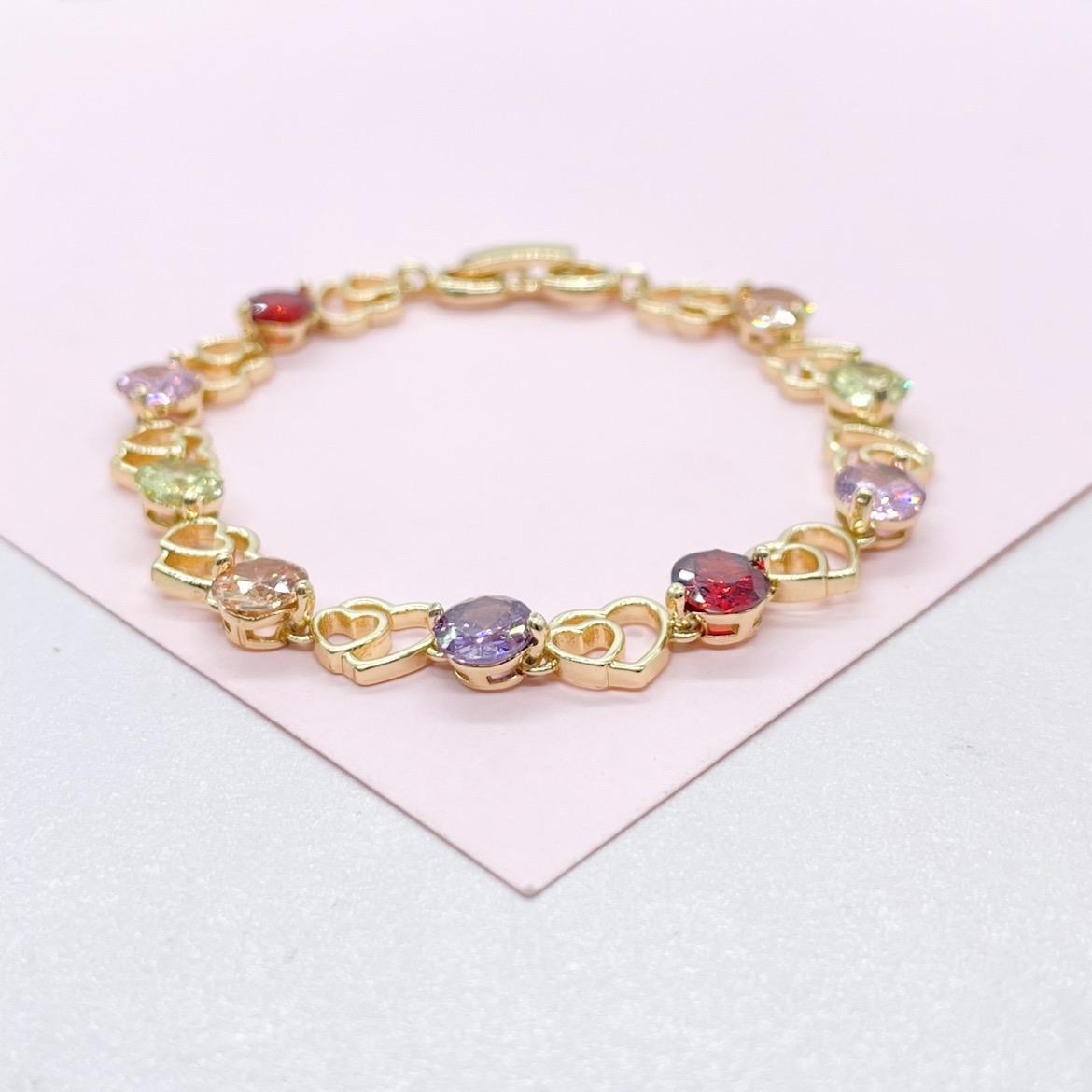 18k Gold Filled Heart Patterned Bracelet with Round Colorful CZ Stones