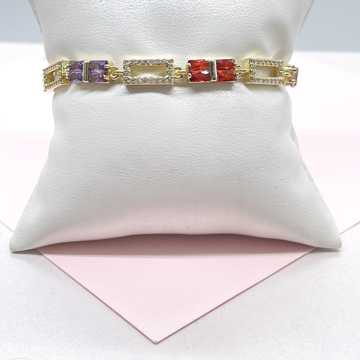 18k Gold Filled Rectangle Link Bracelet with Colorful Beveled Baguette CZ