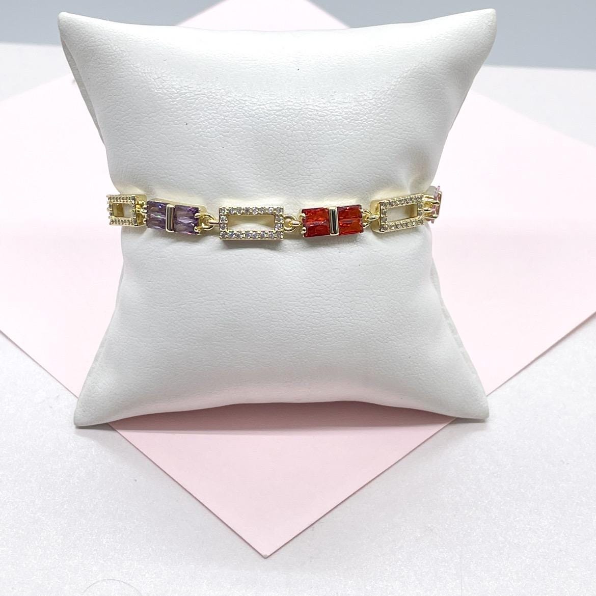 18k Gold Filled Rectangle Link Bracelet with Colorful Beveled Baguette CZ