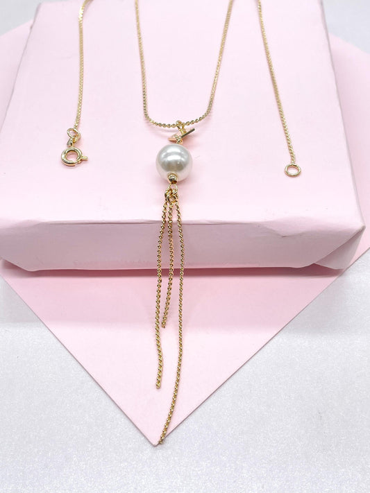 18k Gold Filled Serpent Link Necklace with Pearl Charm and Tassels Charm