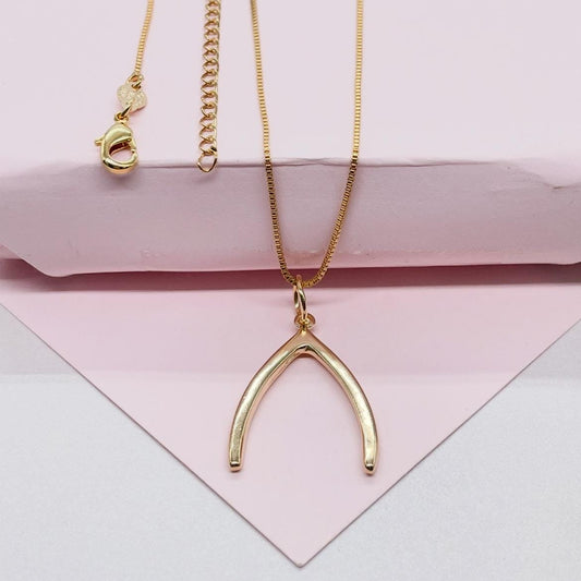 18k Gold Filled Box Chain Necklace With Minimalistic Luck Bone Pendant Design, Wishbone