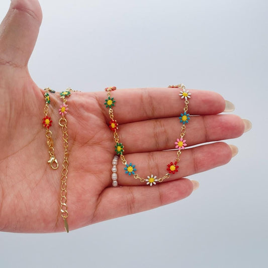 18k Gold Filled Colorful Enamel Multicolored Flower-Patterned Necklace, Summer Jewlery Nature Jewlery, For Her, For Girl