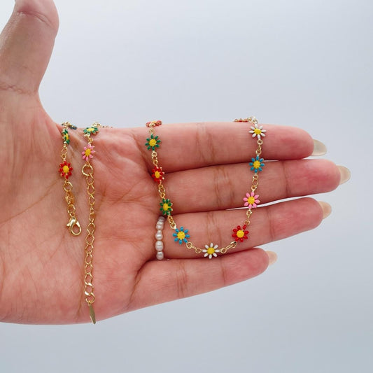 18k Gold Filled Enamel Flower Necklace: Colorful Summer Jewelry