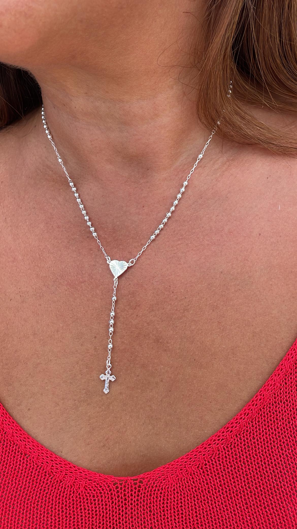 Silver Filled Dainty Rosary with sparkle Heart Center Crucifix Cross