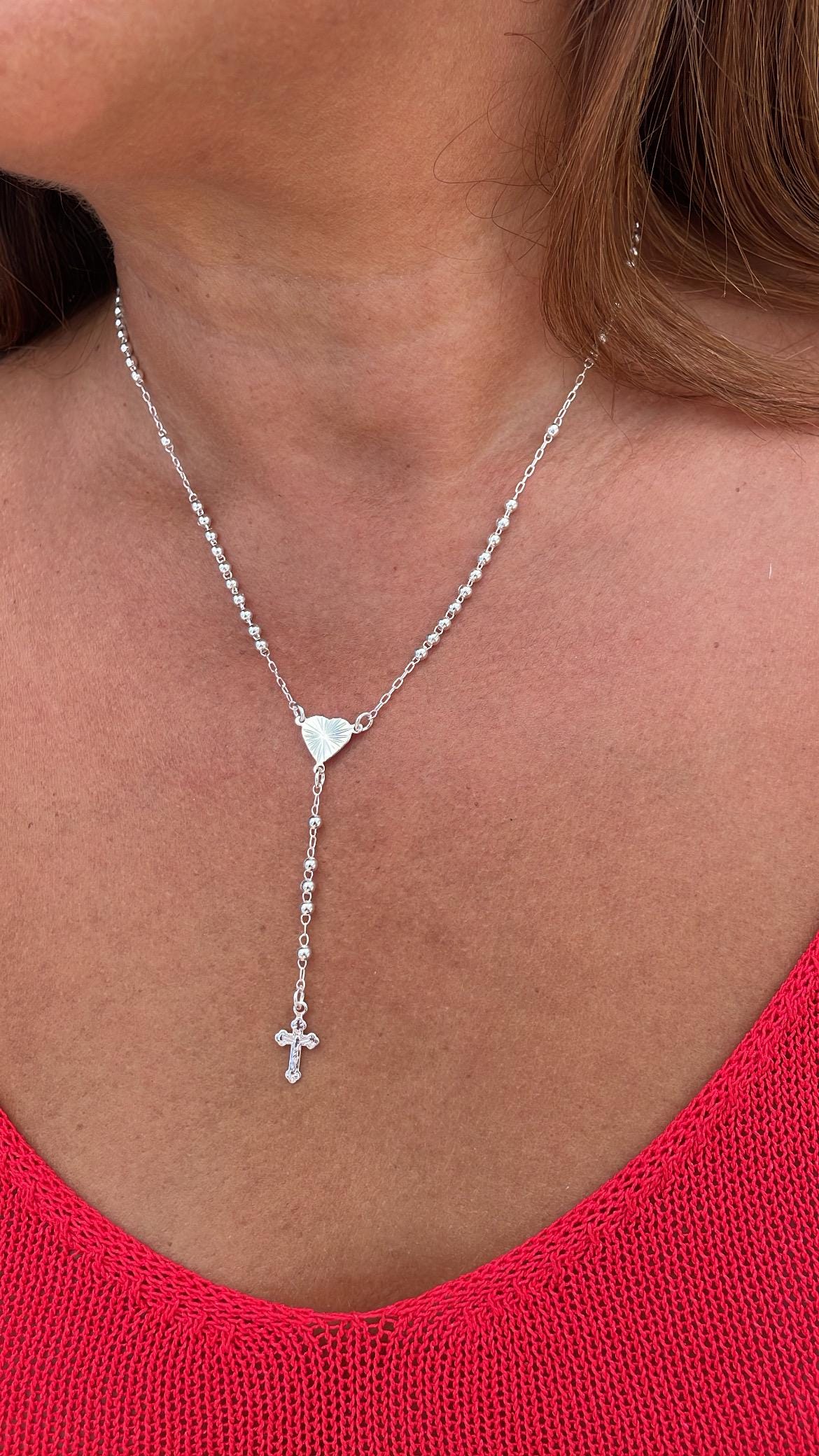 Silver Filled Dainty Rosary with sparkle Heart Center Crucifix Cross