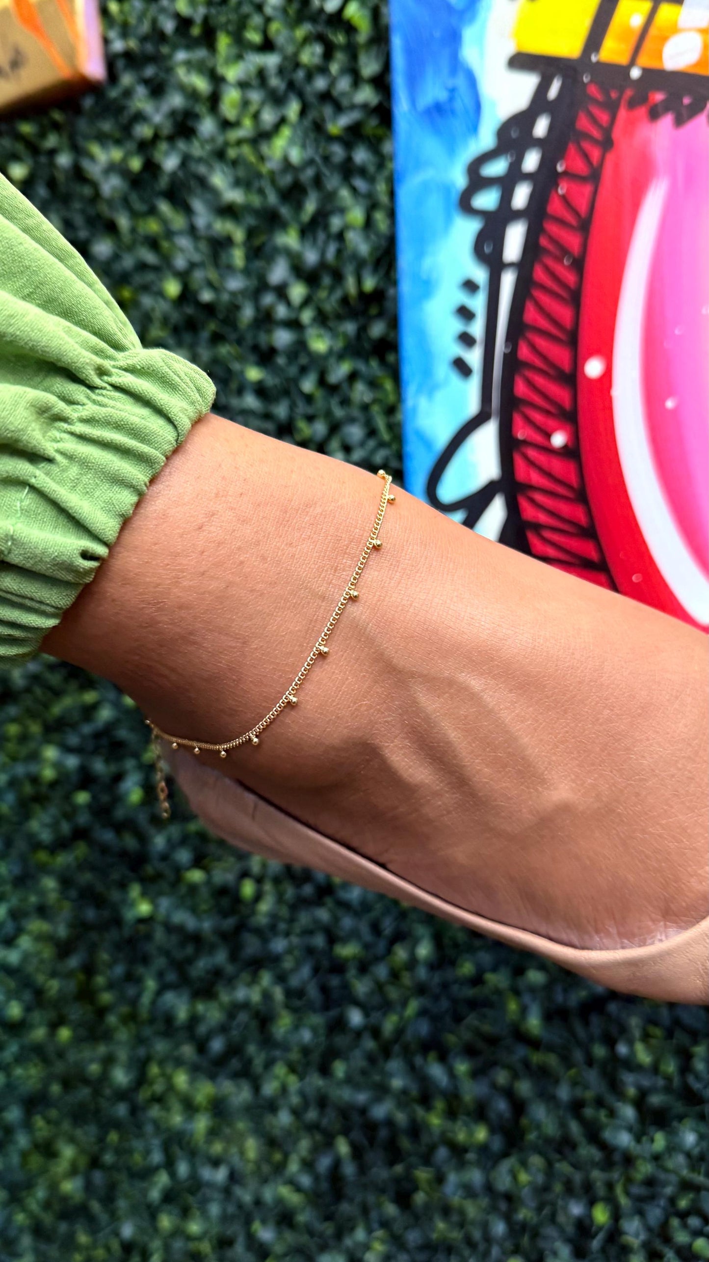 18k Gold Filled Curb Chain Satellite Anklet with Hanging Bead