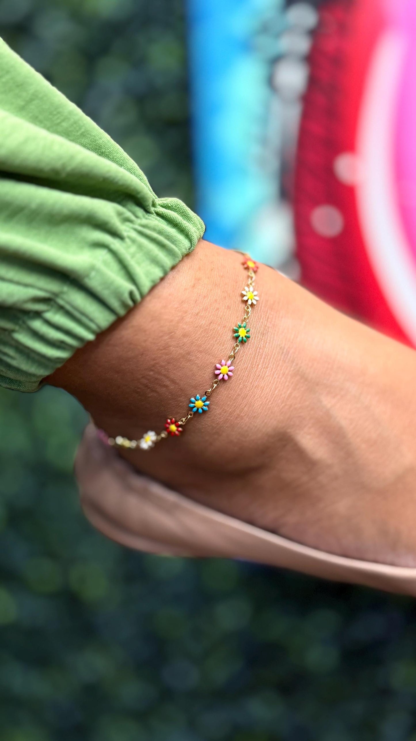 18k Gold Filled Colorful Enamel Multicolored Flower-Patterned Anklet, Summer Jewlery Nature Jewlery, For Her, For Girl