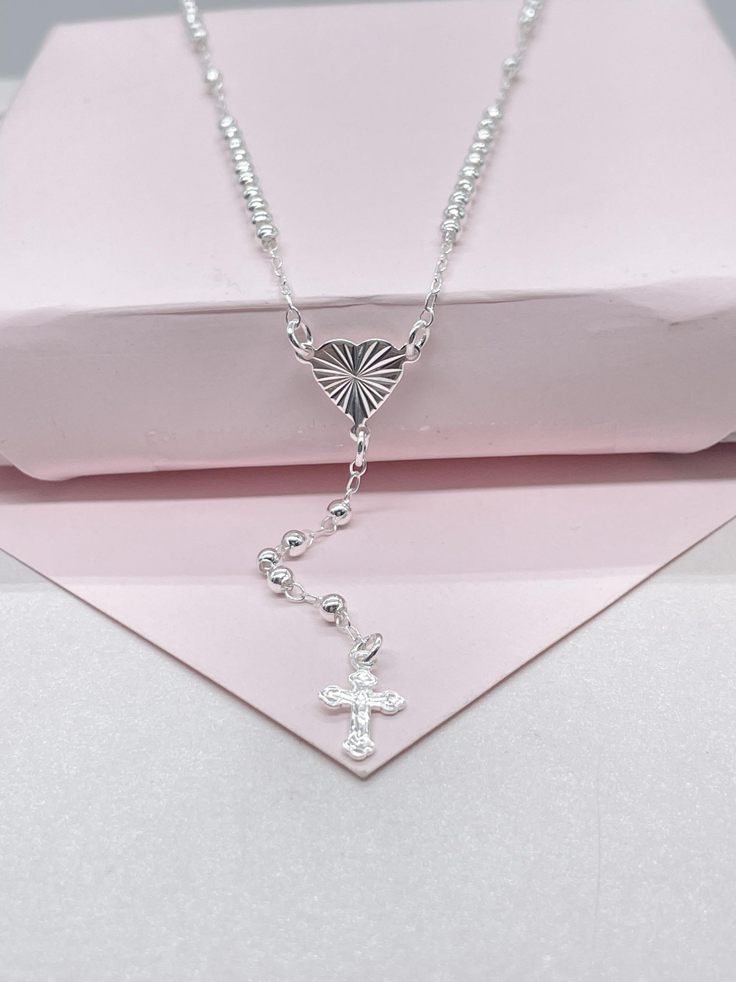 Silver Filled Dainty Rosary with sparkle Heart Center Crucifix Cross