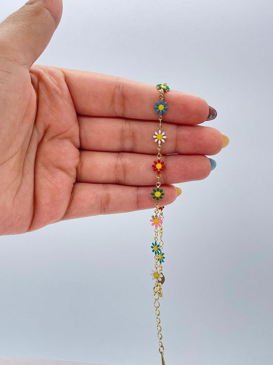 18k Gold Filled Colorful Enamel Multicolored Flower-Patterned Anklet, Summer Jewlery Nature Jewlery, For Her, For Girl