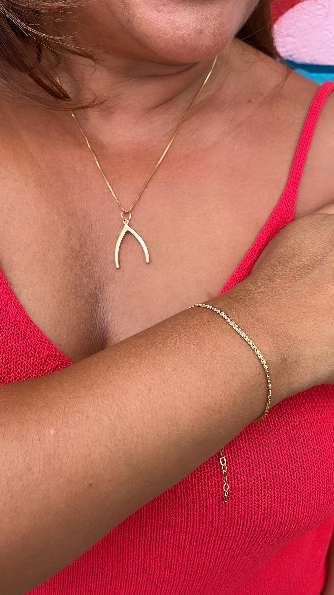 18k Gold Filled Box Chain Necklace With Minimalistic Luck Bone Pendant Design, Wishbone