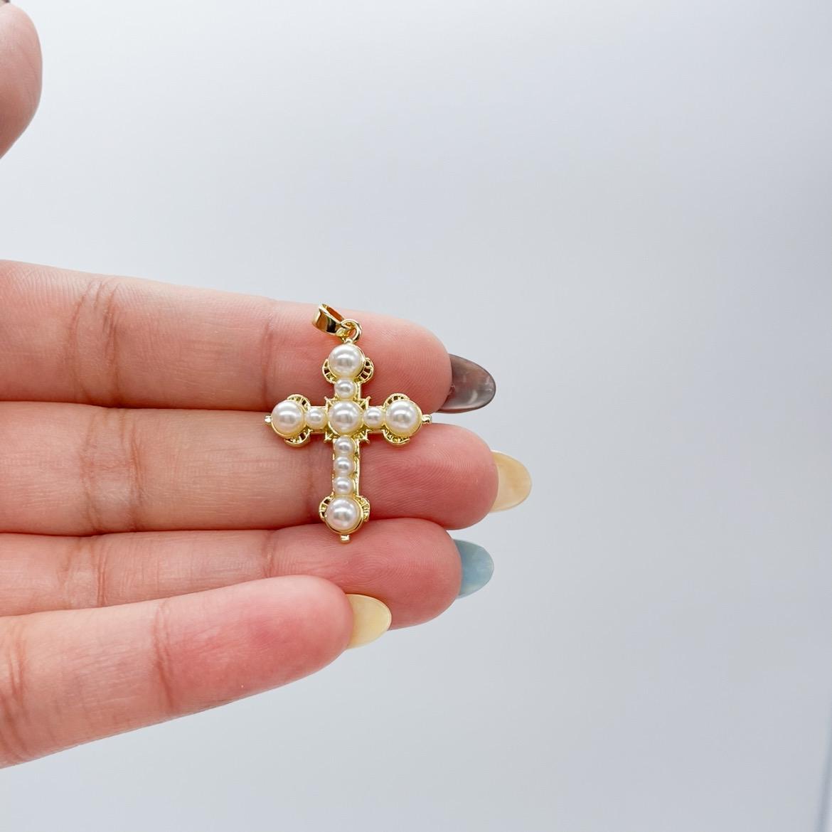 18k Gold Filled Faux all around Pearl Style Cross Pendant