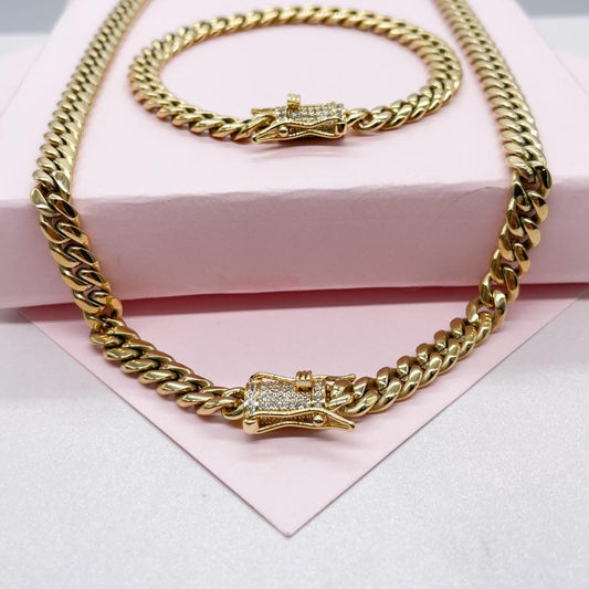 14k Gold Filled Cuban Curb Chain Necklace: CZ Box Clasp, Stainless Steel Base