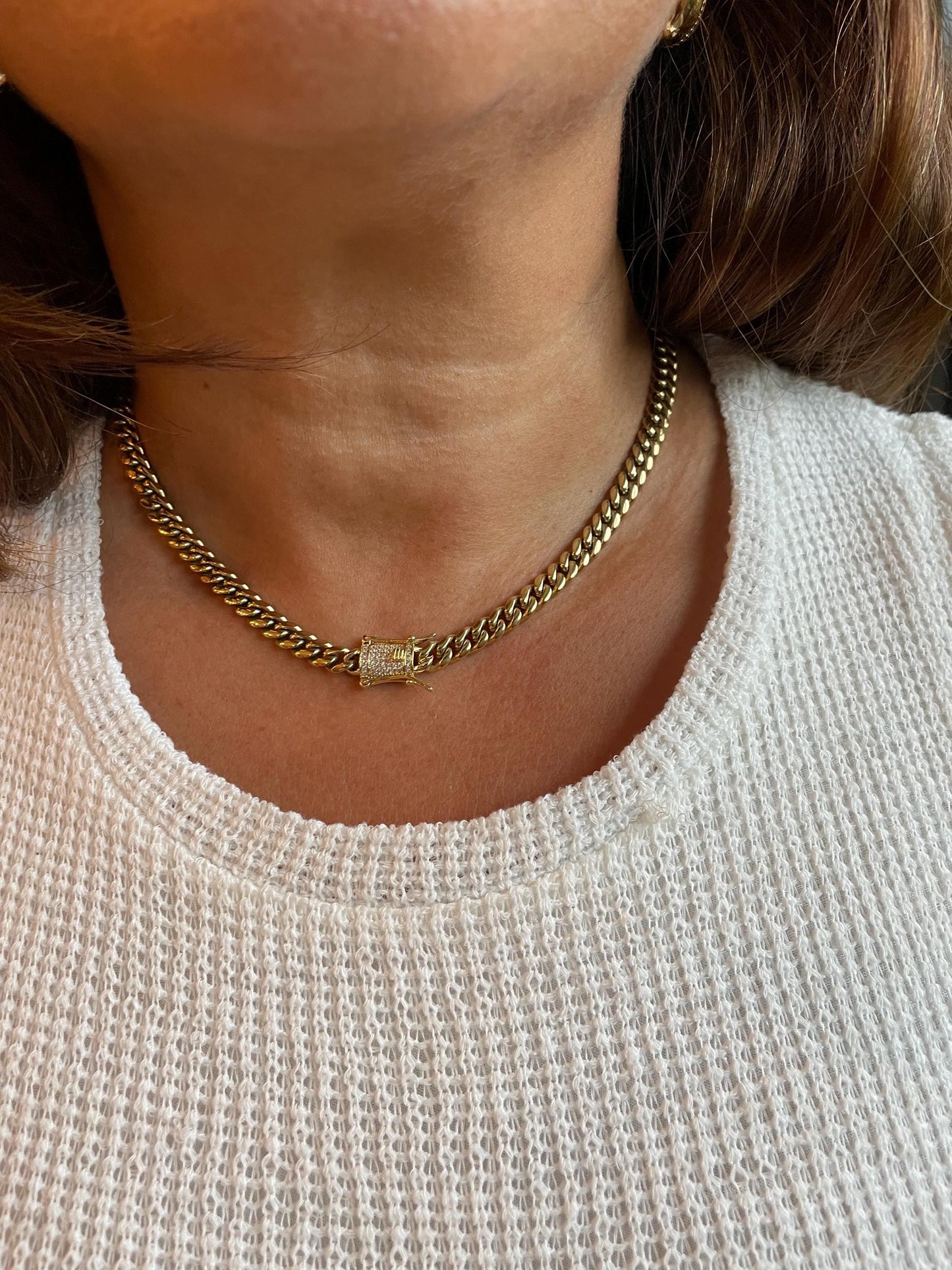 14k Gold Filled Cuban Curb Chain Necklace: CZ Box Clasp, Stainless Steel Base