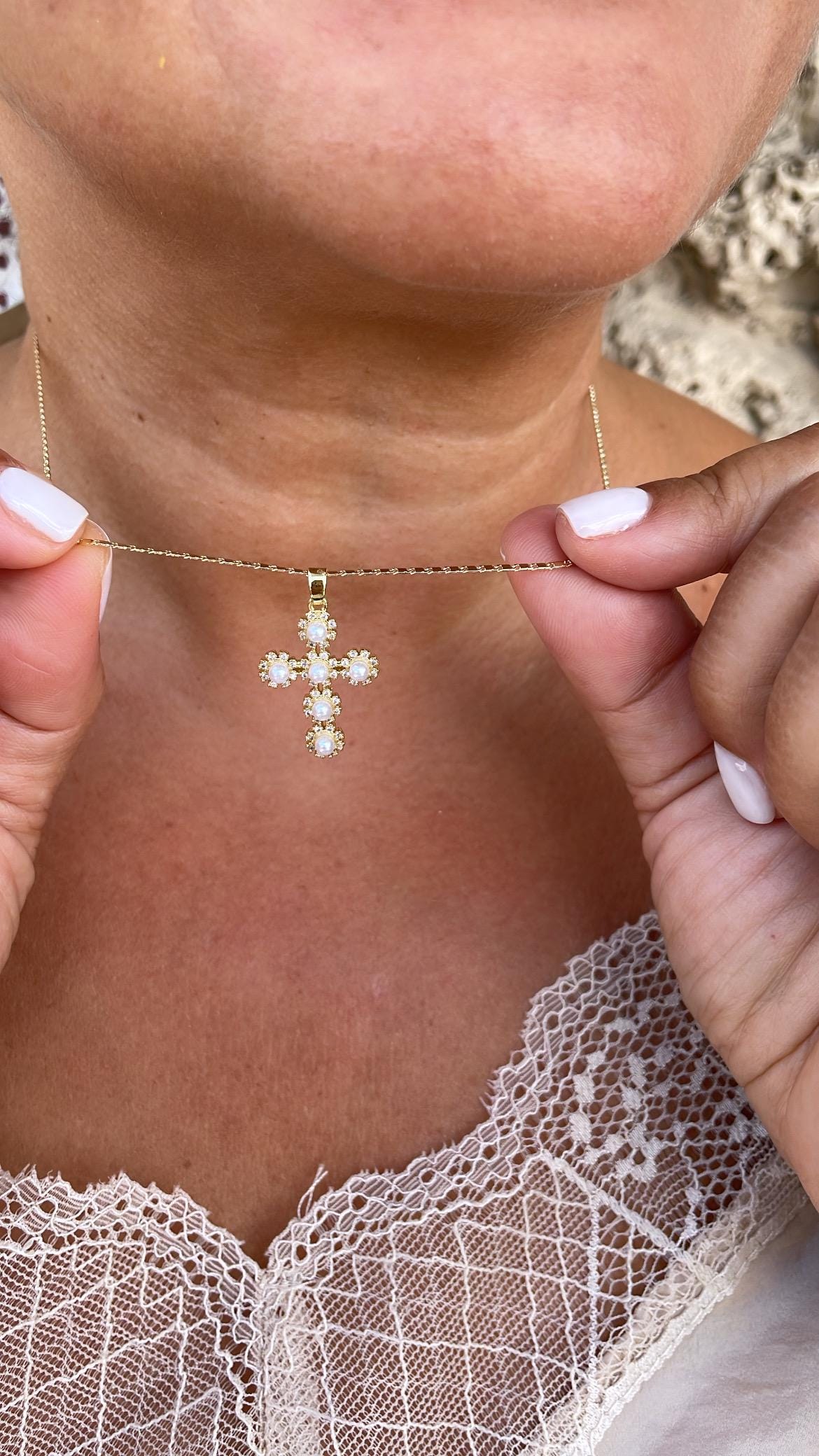 18k Gold Filled Beaded Pearl Cross Pendant Crowned with Pave CZ