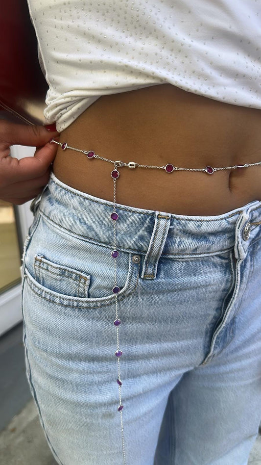 Silver Filled Dainty Curb Link Waist Chain With Purple Color Amethyst Simulated Beveled Stones