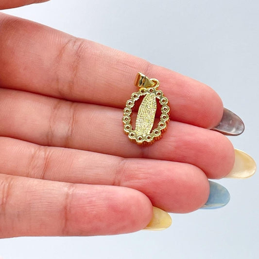 18k Gold Filled Engraved Virgin of Mary Charm Crowned with Round CZ Stones