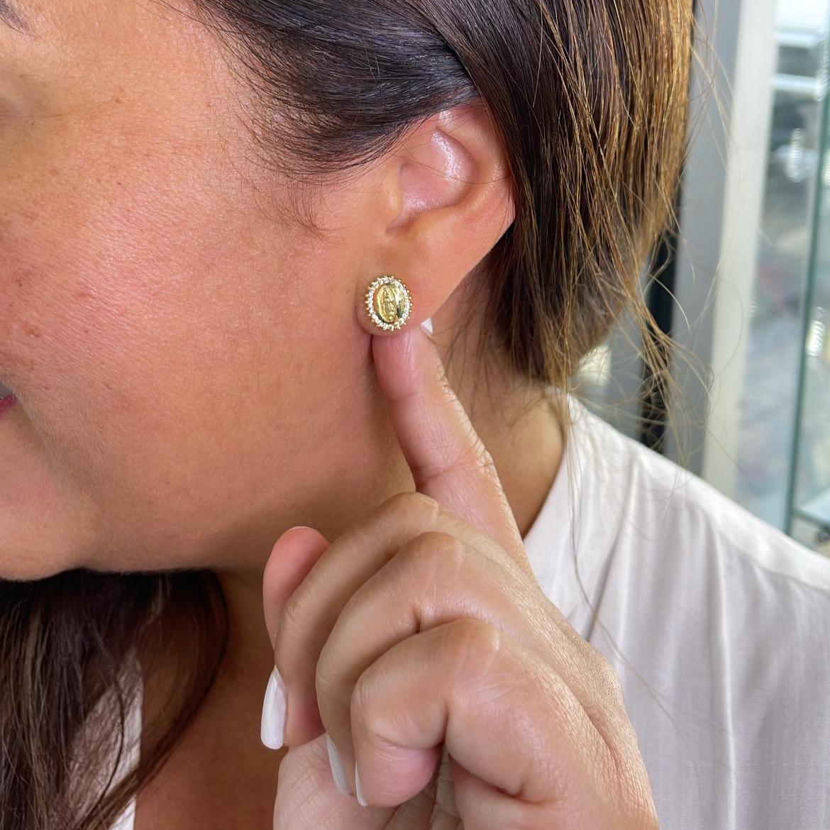 18k Gold Filled Virgin Mary Studs Crowned with CZ Stones
