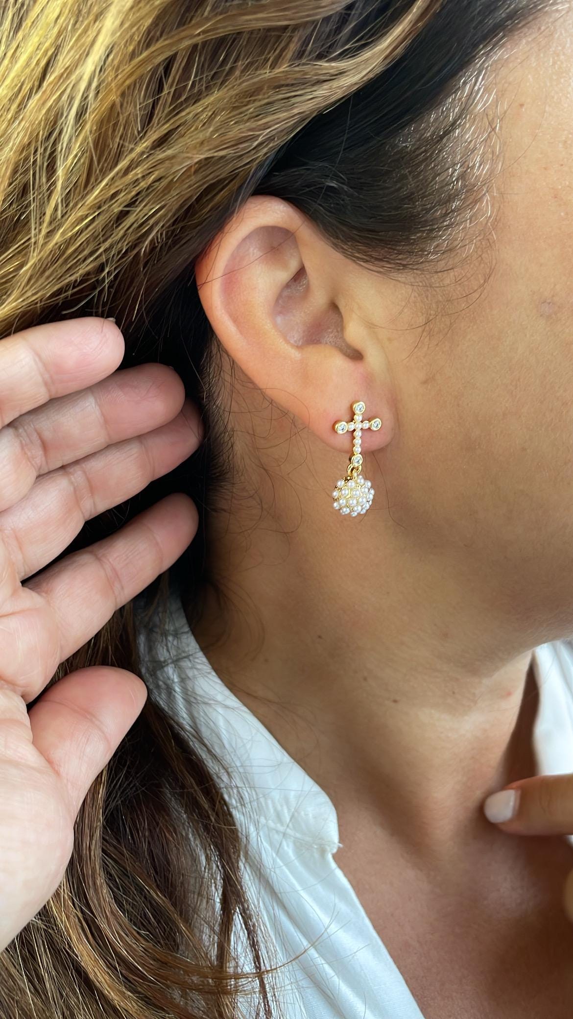18k Gold Filled Small Pearl Cross Stud and Dangling Sphere