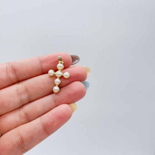18k Gold Filled Beaded Pearl Cross Pendant