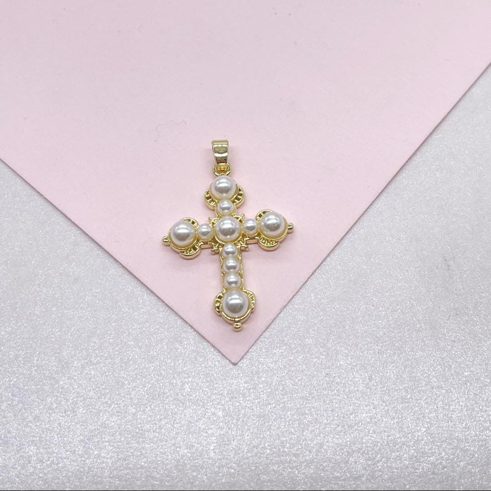 18k Gold Filled Faux all around Pearl Style Cross Pendant