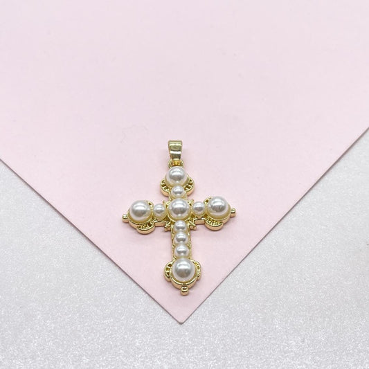 18k Gold Filled Faux all around Pearl Style Cross Pendant