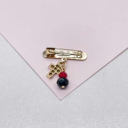 18k Gold Filled "Dios Te Bendiga" Brooch: Simulated Azabache Stone & CZ Cross