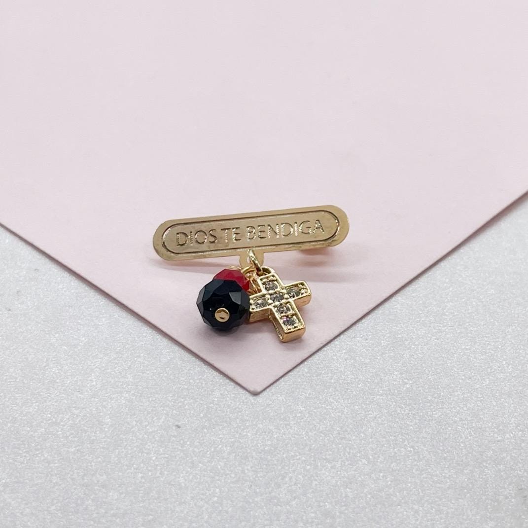 18k Gold Filled "Dios Te Bendiga" Brooch: Simulated Azabache Stone & CZ Cross