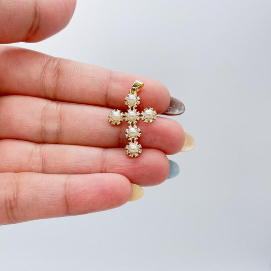18k Gold Filled Beaded Pearl Cross Pendant Crowned with Pave CZ