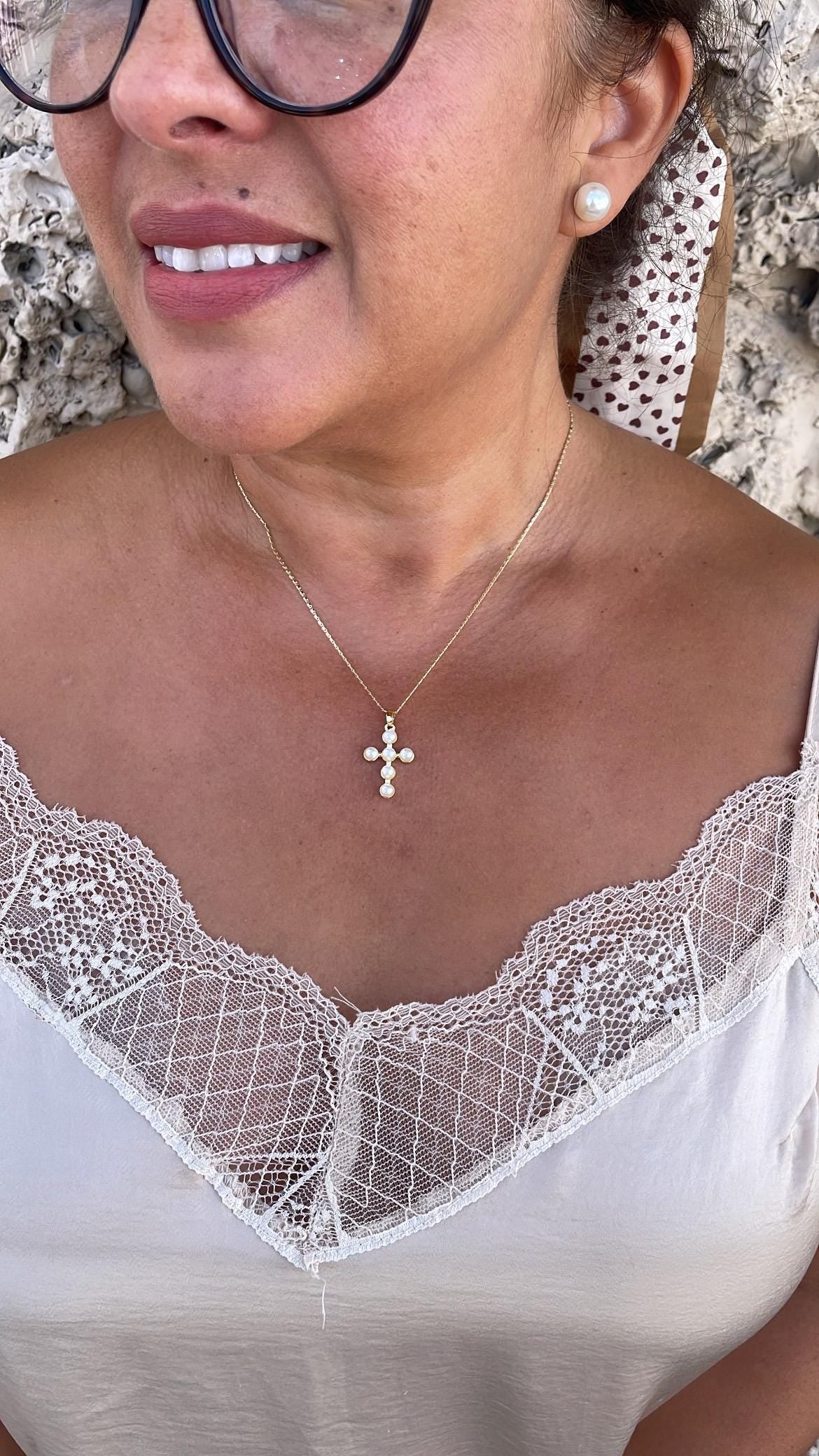 18k Gold Filled Beaded Pearl Cross Pendant