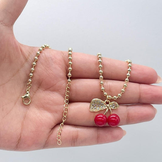 18k Gold Filled Classic Red Cherry Necklace with Beaded Chain Link