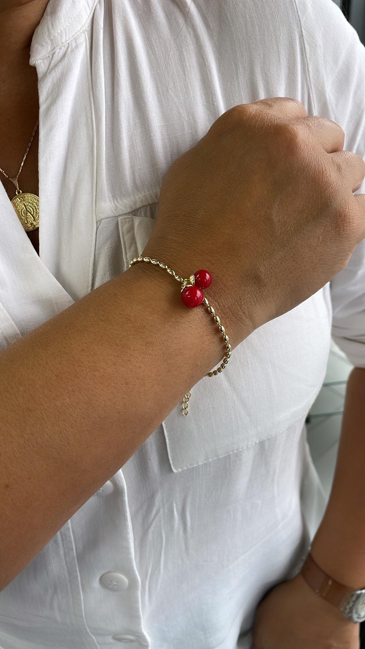 18k Gold Filled Classic Red Cherry Bracelet with Rice Bead Link