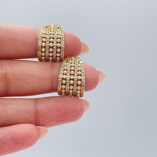 18k Gold Filled Chunky Long C-Hoops with Baby Cz & Pearls Engraved