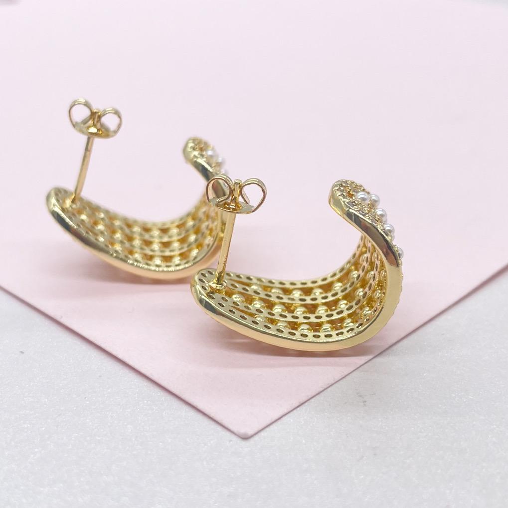 18k Gold Filled Chunky Long C-Hoops with Baby Cz & Pearls Engraved