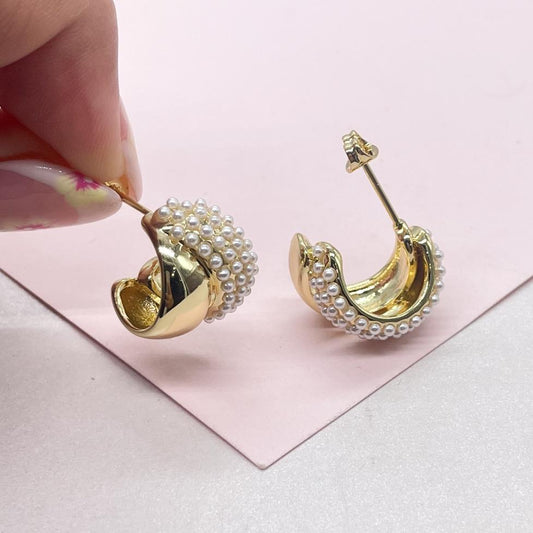 18k Gold Filled Chunky Puffy C-Hoops with Baby Pearls Engraved