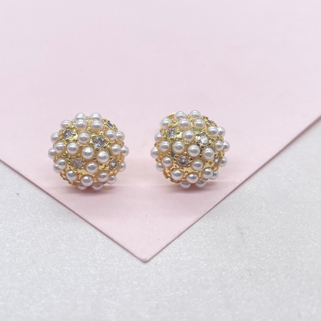 18k Gold Filled Small Pearl Beaded Cz Stud Earrings 10mm