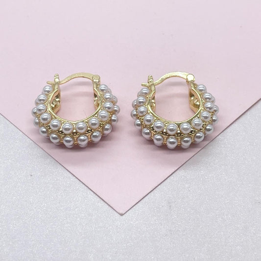 18k Gold Filled Pearl Beaded Thick & Small Hoop Earrings