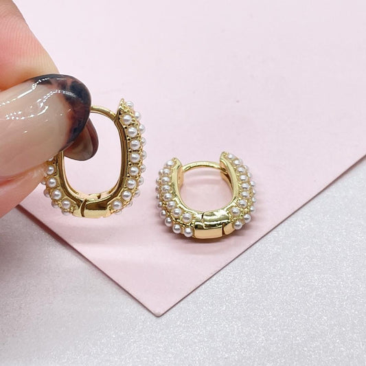18k Gold Filled Pearl Beaded Oval Hoop Earrings