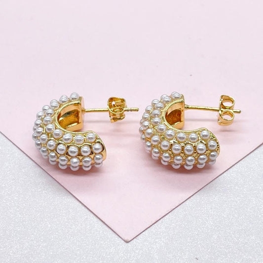 18k Gold Filled Chunky Puffy C-Hoops with Baby Pearls Engraved