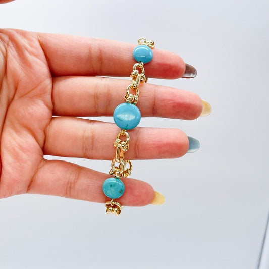 18k Gold Filled Specialty Link Bracelet with Turquoise Disks