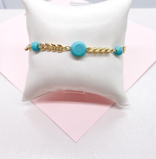 18k Gold Filled Fishtail Link Bracelet with Turquoise Beads