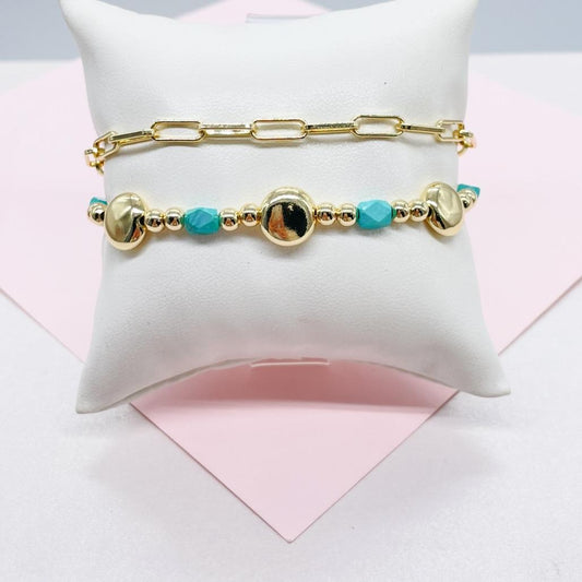 18k Gold Filled Double Bracelet with Paper Clip Link and Beaded Turquoise Stones