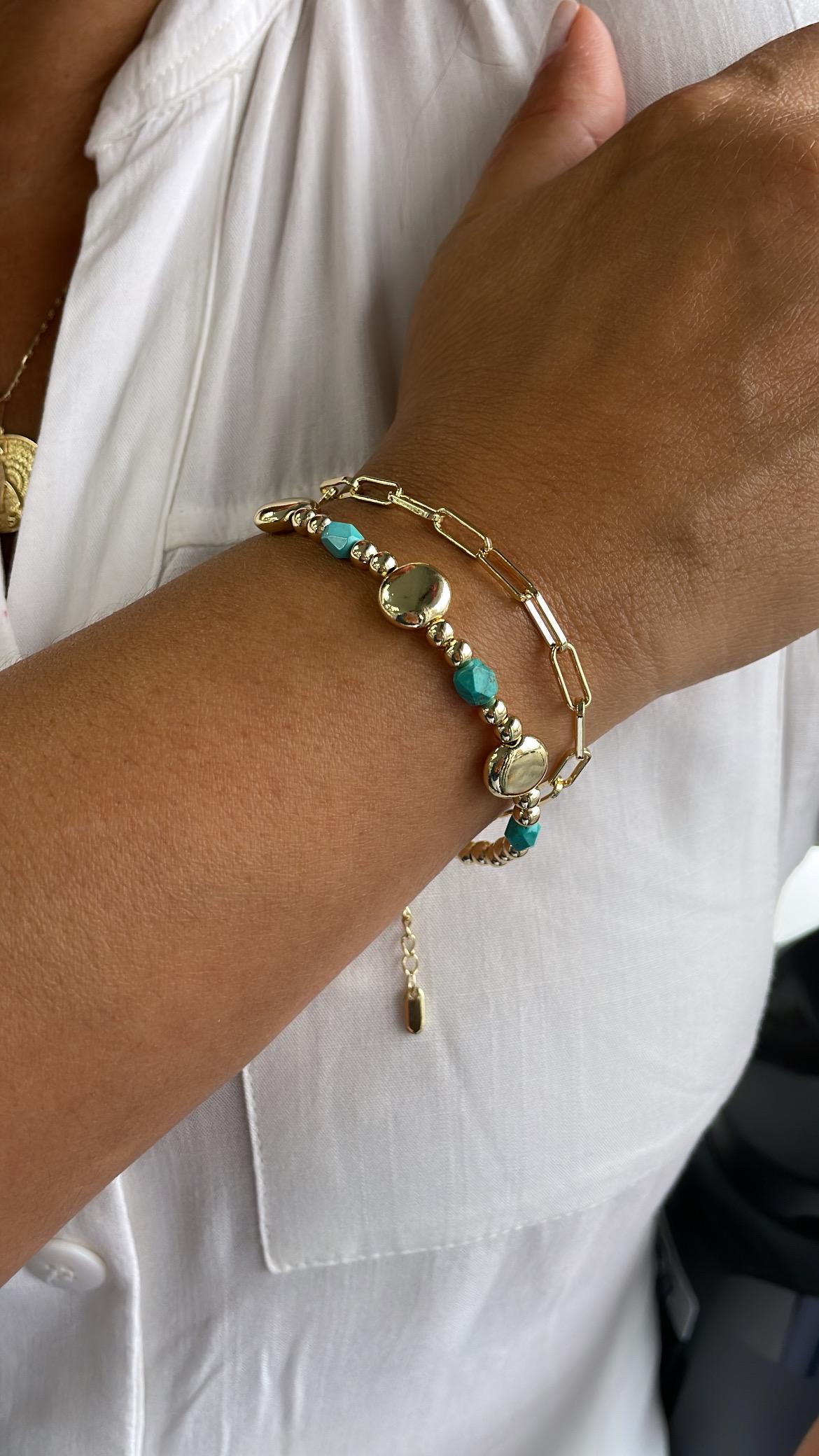 18k Gold Filled Double Bracelet with Paper Clip Link and Beaded Turquoise Stones